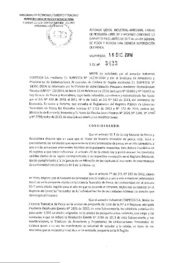 R EX N° 3423-2014 Autoriza Cesión Jurel XV-II Región.