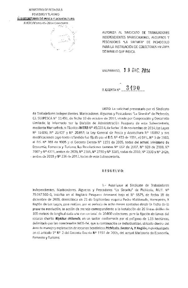R EX N° 3490-2014 INSTALACION DE COLECTORES.