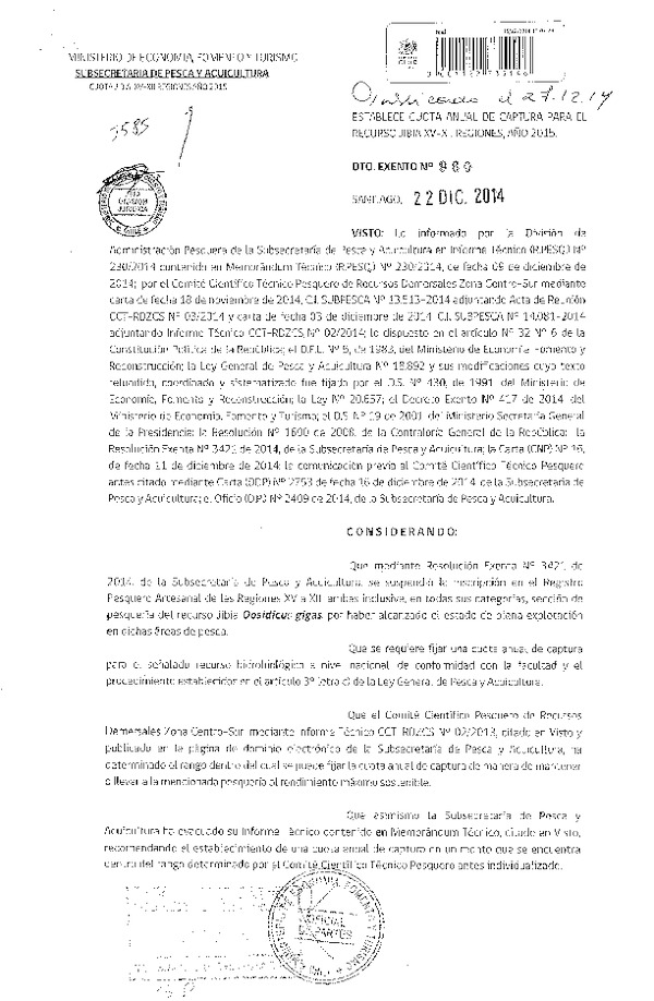 D EX N° 960-2014 Establece Cuota Anual de Captura recursos Jibia XV-XII Regiones 2015. (Publicado en Diario Oficial 27-12-2014)