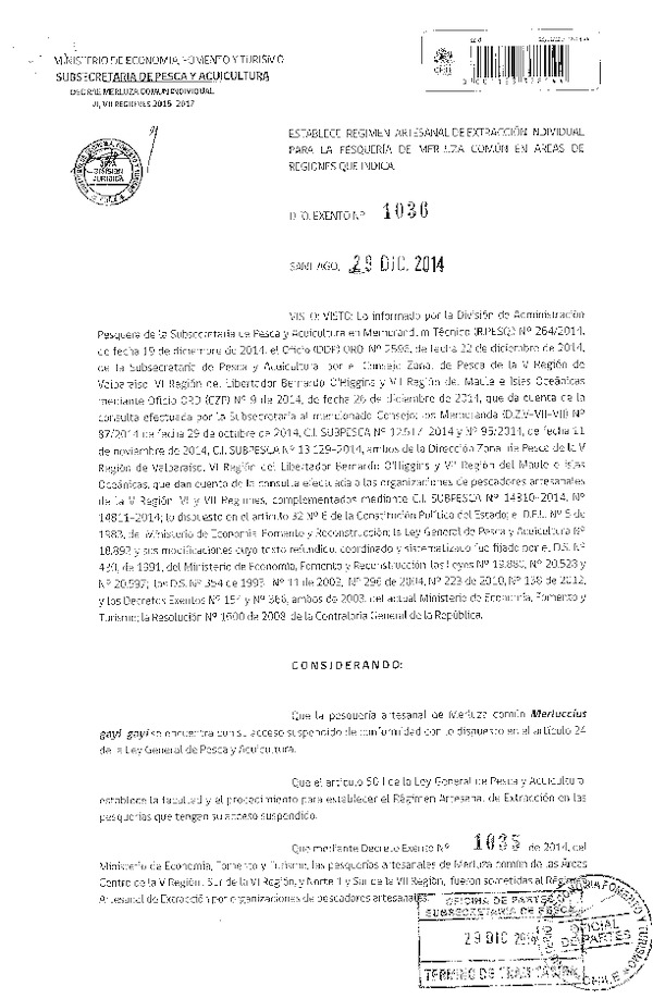 D EX N° 1036-2014 Establece Régimen Artesanal de Extracción Individual para la Pesquería de Merluza común en la VI-VII Regiones. (Publicado en Diario Oficial 31-12-2014)