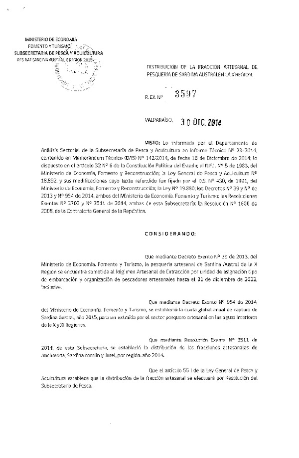 R EX N° 3597-2014 Distribución de la Fracción Artesanal de Pesquería de Sardina Austral, X Región, año 2015.