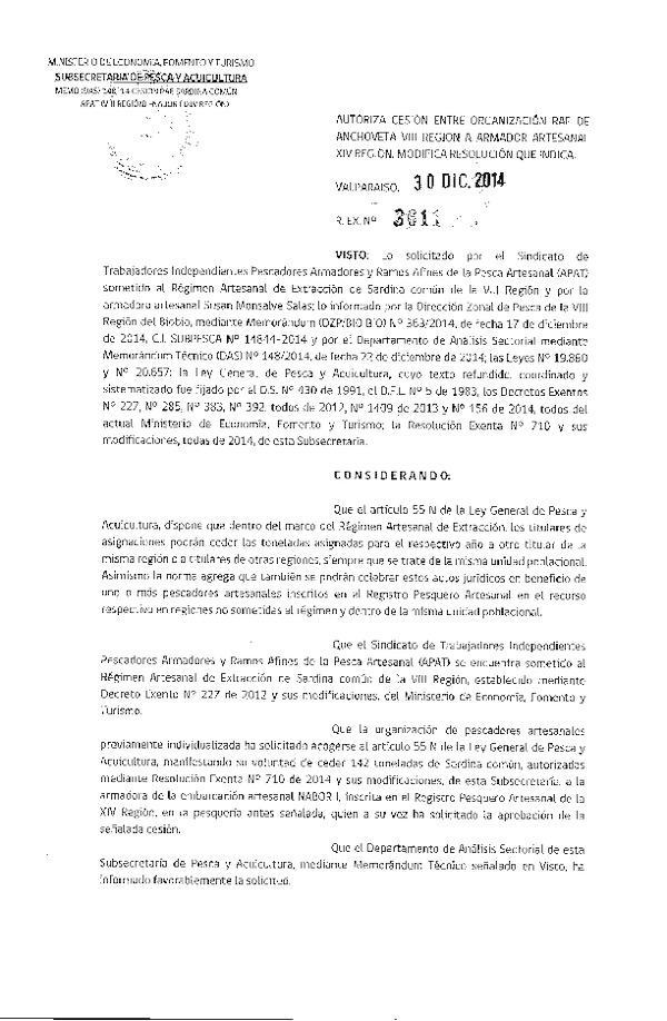 R EX N° 3611-2014 Autoriza Cesión Anchoveta VIII Región, VIII a XIV Región.
