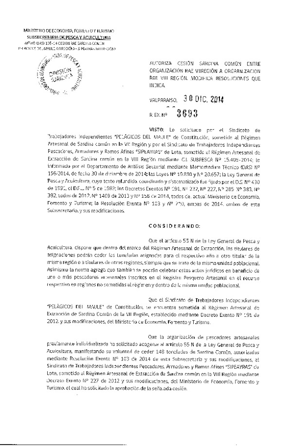 R EX N° 3693-2014 Autoriza Cesión Sardina común VII a VIII Región.