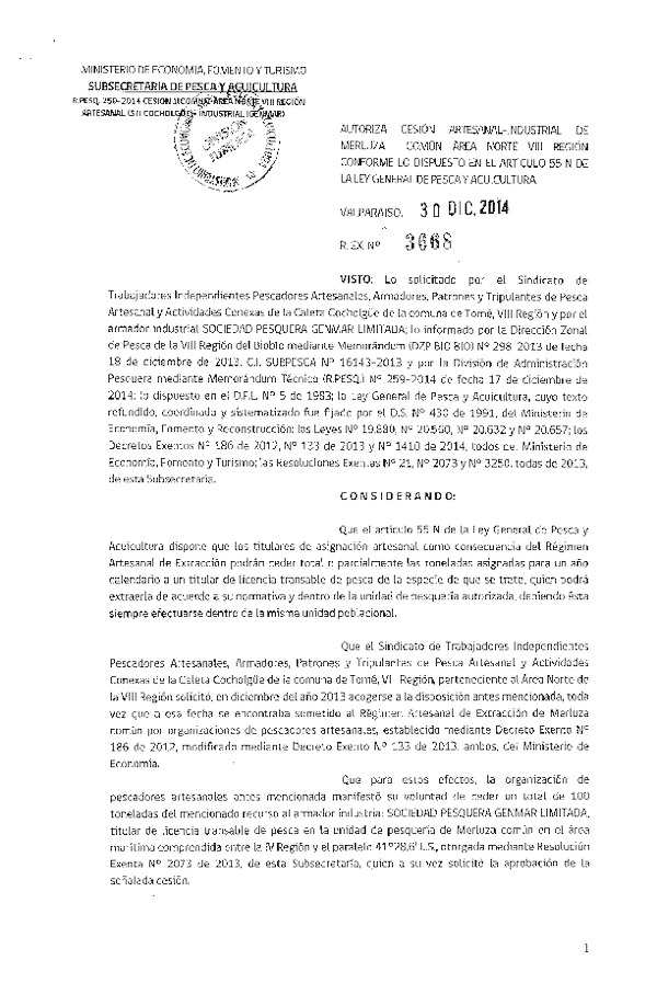 R EX N° 3668-2014 Autoriza Cesión Merluza común VIII Región.