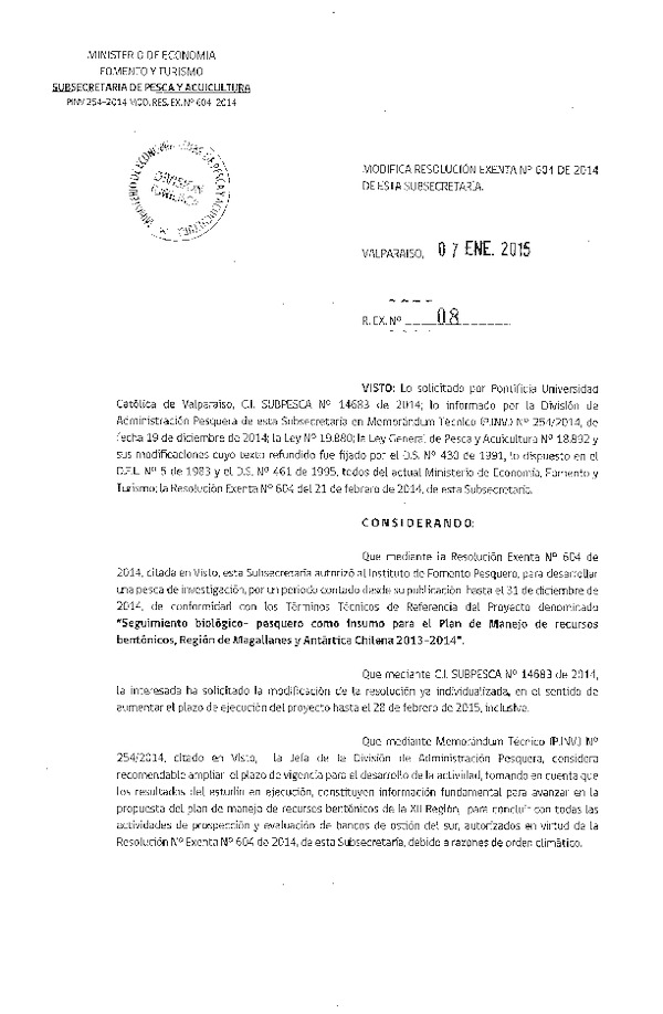 R EX N° 8-2015 Modifica R EX Nº 604-2014 Plan de manejo recurso Bentónicos, Huepo, Juliana y Ostión del sur, XII Región.