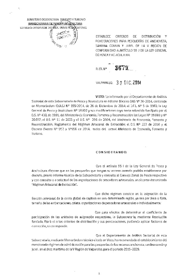 R EX N° 3679-2014 Establece Criterios de Distribución y Ponderaciones para Pesquerías de Anchoveta, Sardina común y Jurel de la V Región.