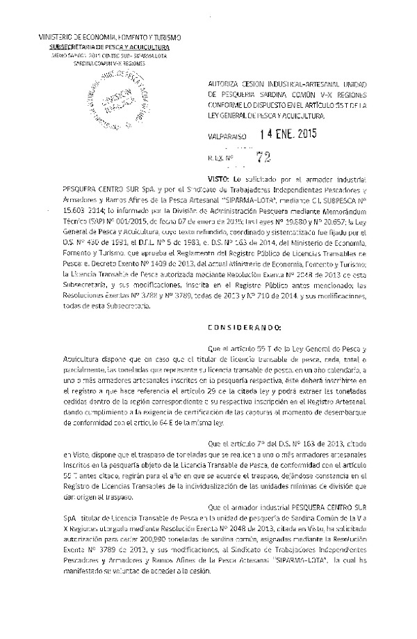 R EX N° 72-2015 Autoriza Cesión Sardina común VIII.