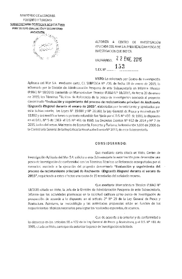 R EX N° 153-2015 Evaluación y seguimiento del proceso de reclutamiento principal de Anchoveta verano 2015.