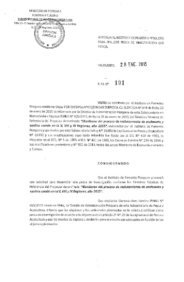 R EX N° 191-2015 Monitoreo del proceso de reclutamiento de Anchoveta y sardina común en la V, VIII y IX Región.