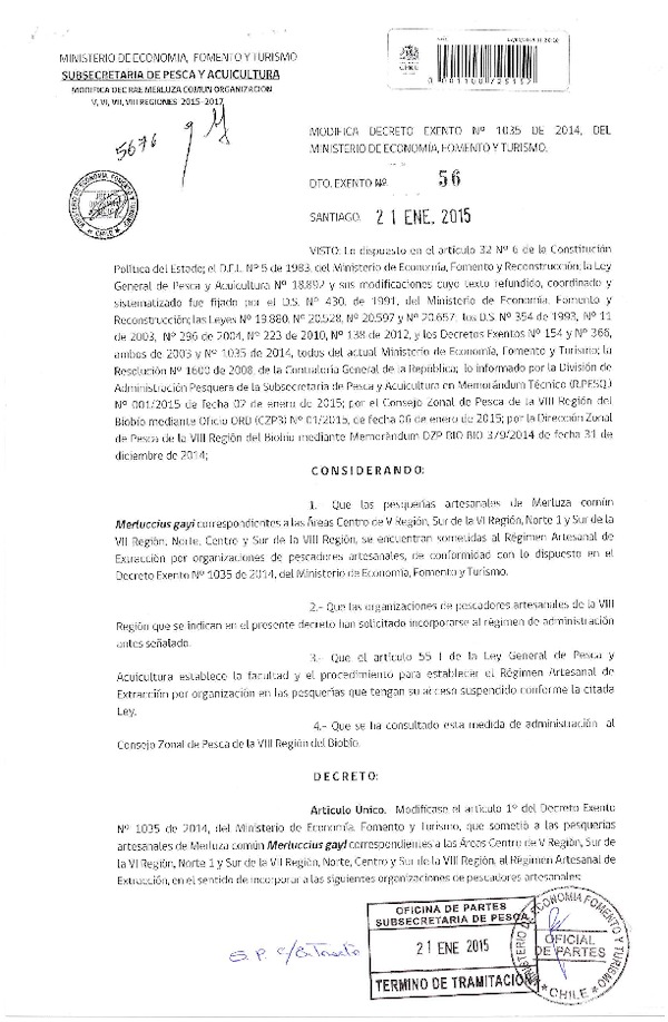 D EX N° 56-2015 Modifica D EX N° 1035-2014 Establece Régimen Artesanal de Extracción por Organización para la Pesquería Artesanal de Merluza común en la V-VI-VII-VIII Regiones. (Publicado en Diario Oficial 29-01-2015)