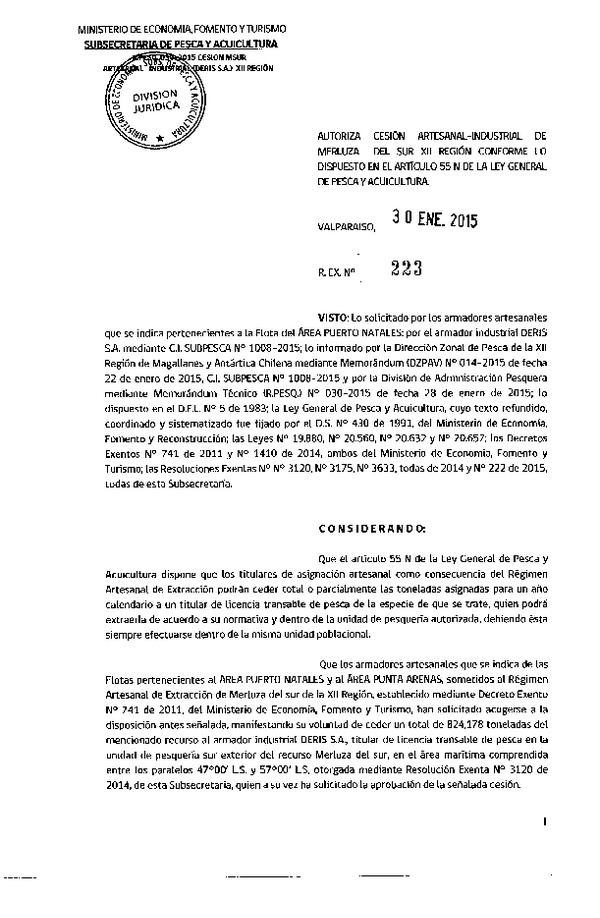 R EX N° 223-2015 Autoriza Cesión Merluza del sur XII Región.