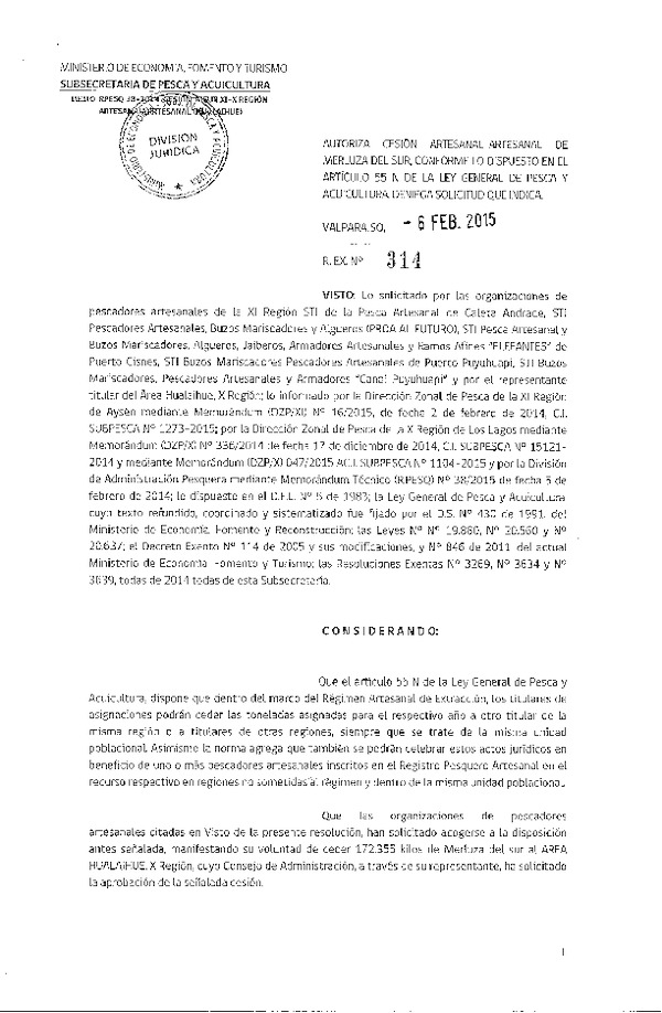 R EX N° 314-2015 Autoriza Cesión Merluza del sur XI-X región.