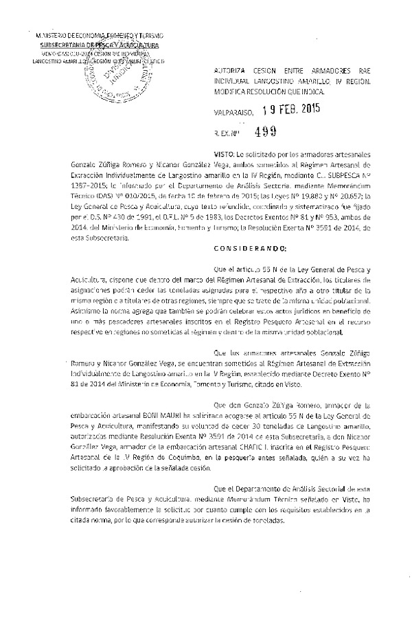 R EX N° 499-2015 Autoriza cesión Langostino Amarillo, IV Región.