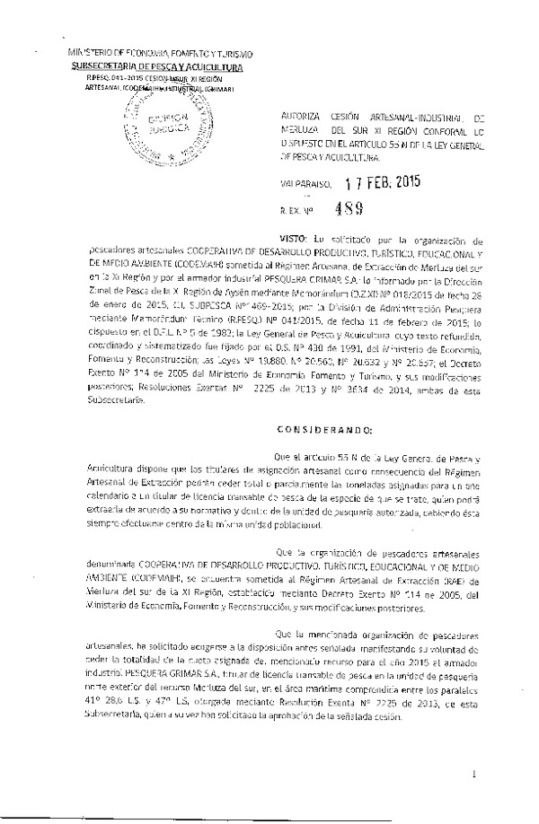 R EX N° 489-2015 Autoriza Cesión Merluza del Sur XI Región.