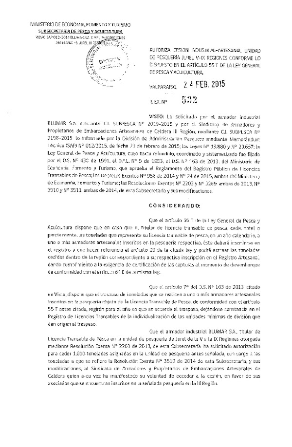 R EX N° 532-2015 Autoriza Cesión recurso Jurel III Región.