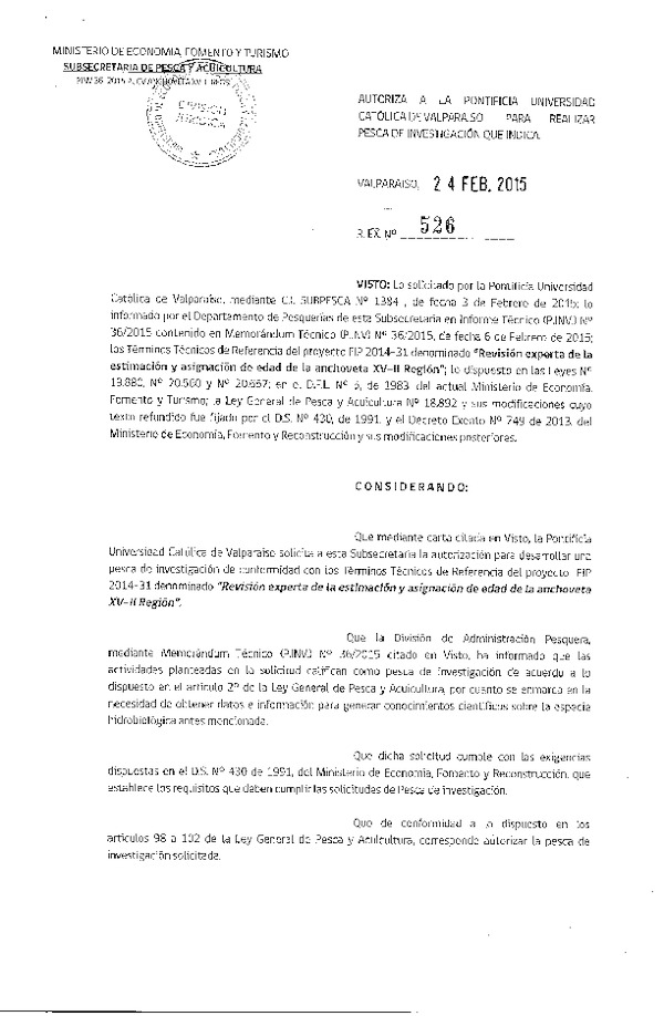 R EX N° 526-2015 Revisión experta de la estimación y asignación de edad de la anchoveta XV-II Región.
