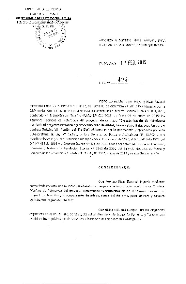 R EX N° 494-2015 Caracterización de ictiofauna asociado al proyecto extracción y procedimiento de áridos, cauce del río Itata, VIII Región.