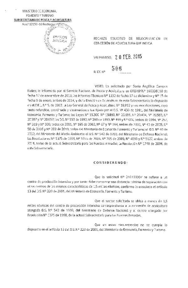 R EX Nº 506-2015 Rechaza Solicitud de Relocalización de Concesión.
