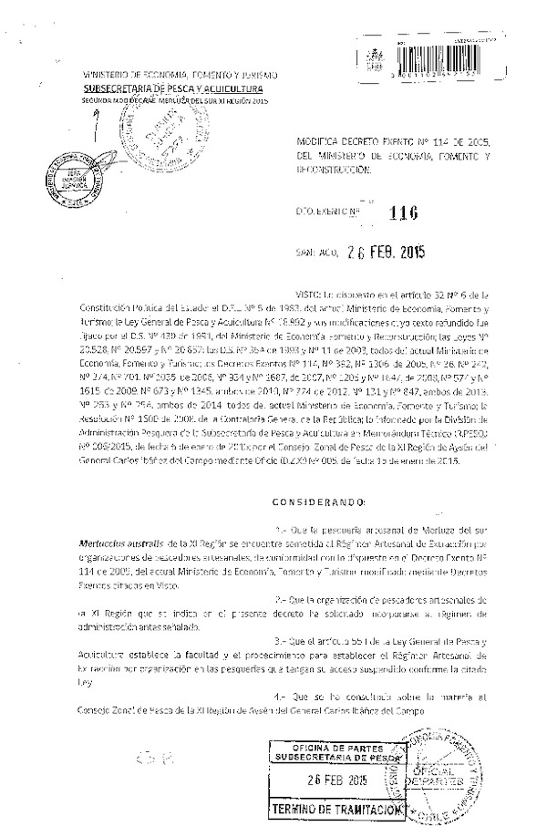D EX N° 116-2015 Modifica D EX N° 114-2005 Régimen Artesanal de Extracción Merluza del Sur, XI Región. (Publicado en Diario Oficial 06-03-2015)