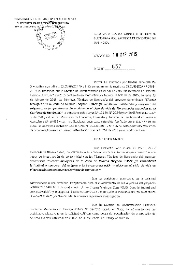 R EX N° 657-2015 Efectos biológicos de la zona de mínimo oxigeno Langostinmo colorado, Guanaqueros, IV Región.