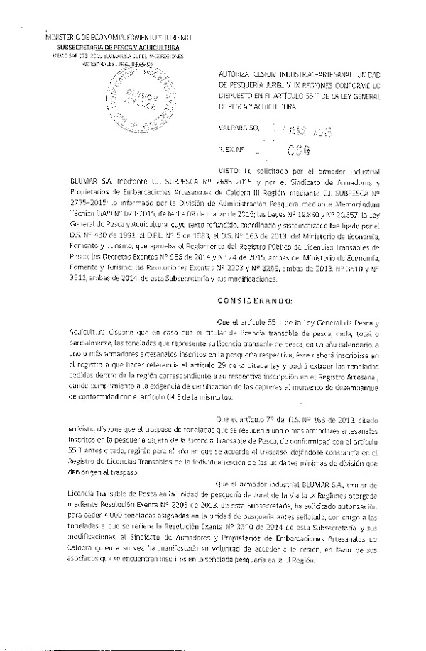 R EX N° 660-2015 Autoriza Cesión recurso Jurel, III Región.