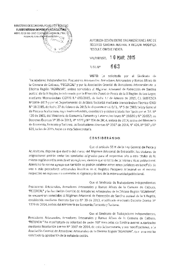 R EX N° 663-2015 Autoriza Cesión Sarduna austral X Región.