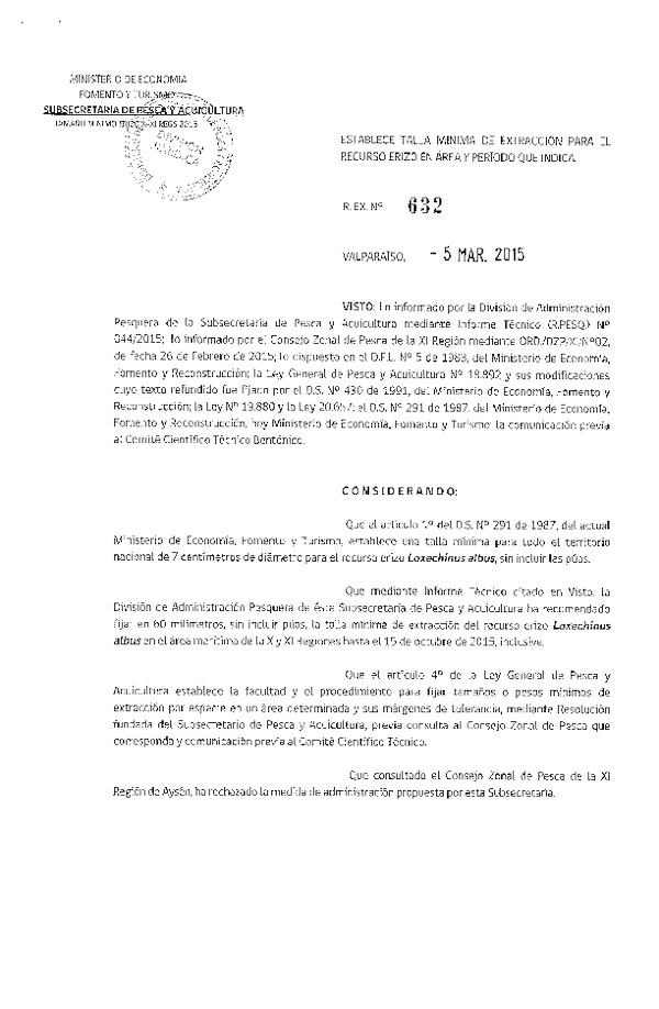 R EX N° 632-2015 Establece Talla Mínima de Extracción, recurso Erizo, X-XI Región. (Publicada en Diario Oficial 12-03-2015)