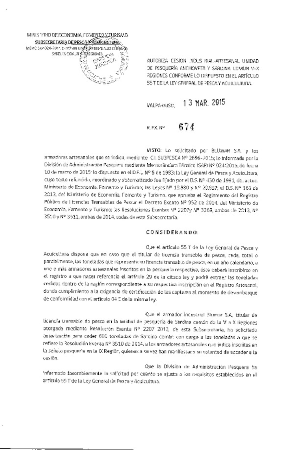 R EX N° 674-2015 Autoriza Cesión Anchoveta y Sardina a IX Región.