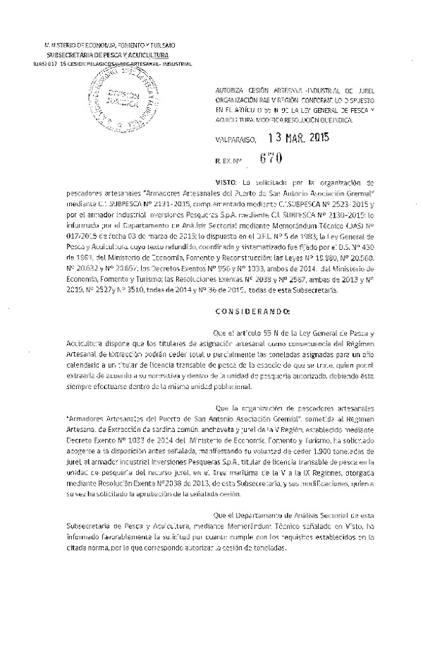 R EX N° 670-2015 Autoriza Cesión Jurel VIII Región.