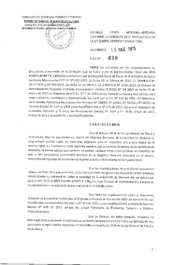 R EX N° 699-2015 Autoriza cesión Merluza del sur XI a X Región.