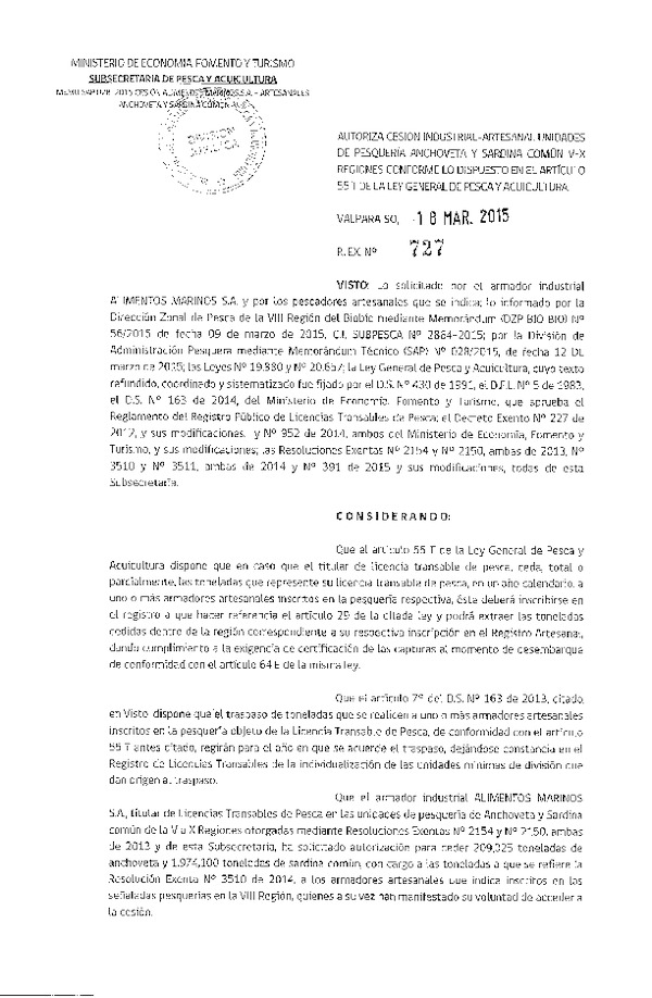 R EX N° 727-2015 Autoriza cesión Anchoveta y Sardina común V-X Regiones.