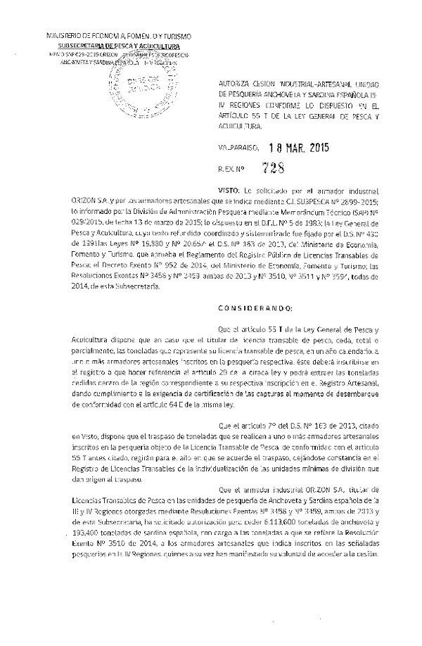R EX N° 728-2015 Autoriza cesión Anchoveta y Sardina española III-IV Regiones.
