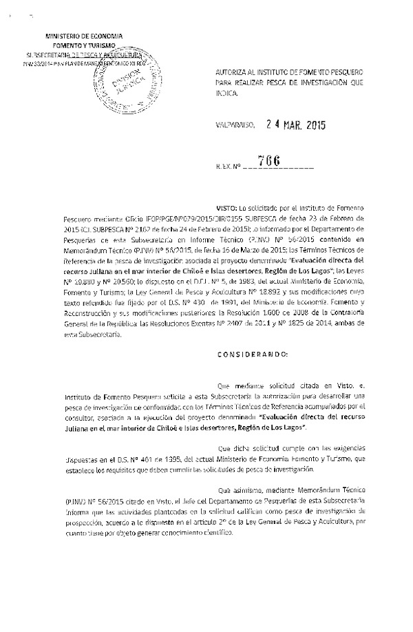 R EX N° 766-2015 Evaluación directa del recurso Juliana en el mar interios de Chiloé e Islas desertores, Región de Los Lagos.