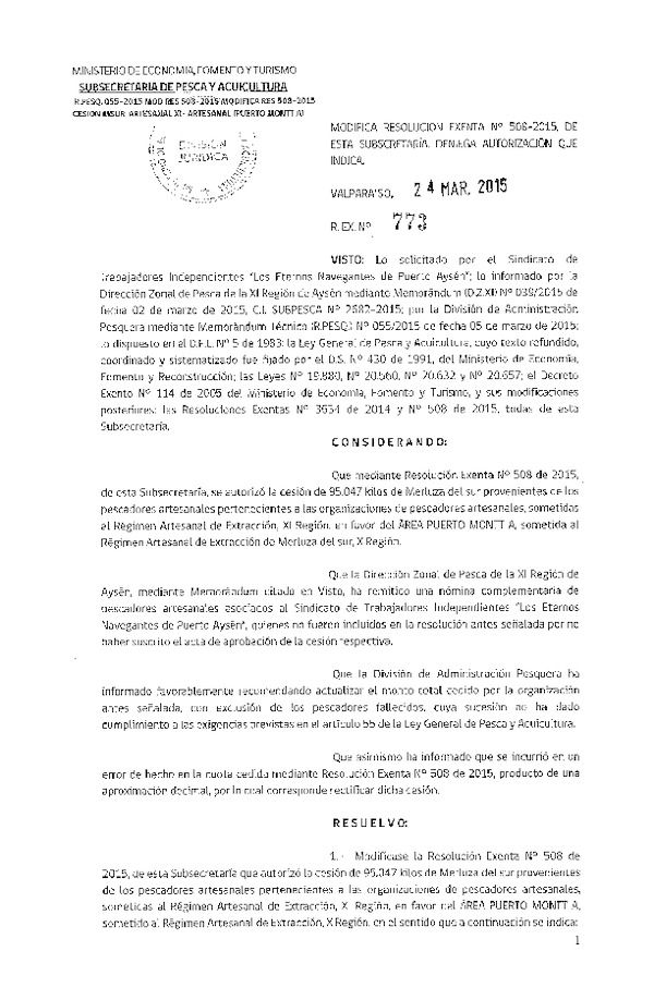 R EX N° 773-2015 Modifica R EX N° 508-2015 Autoriza cesión Merluza del sur, XI-X Región.