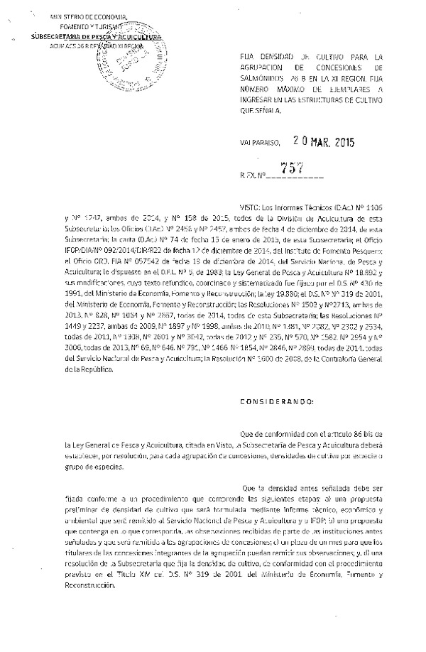 R EX N° 757-2015 Fija densidad de cultivo para la Agrupación de concesión de Salmonidos 26 B XI Región.