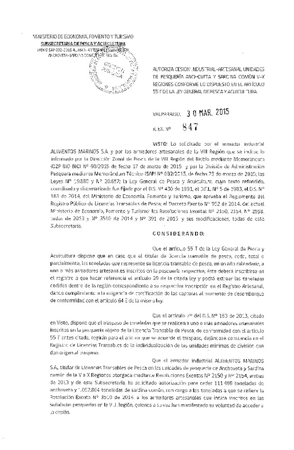 R EX N° 847-2015 Autoriza cesión Anchoveta y Sardina común VIII Región.