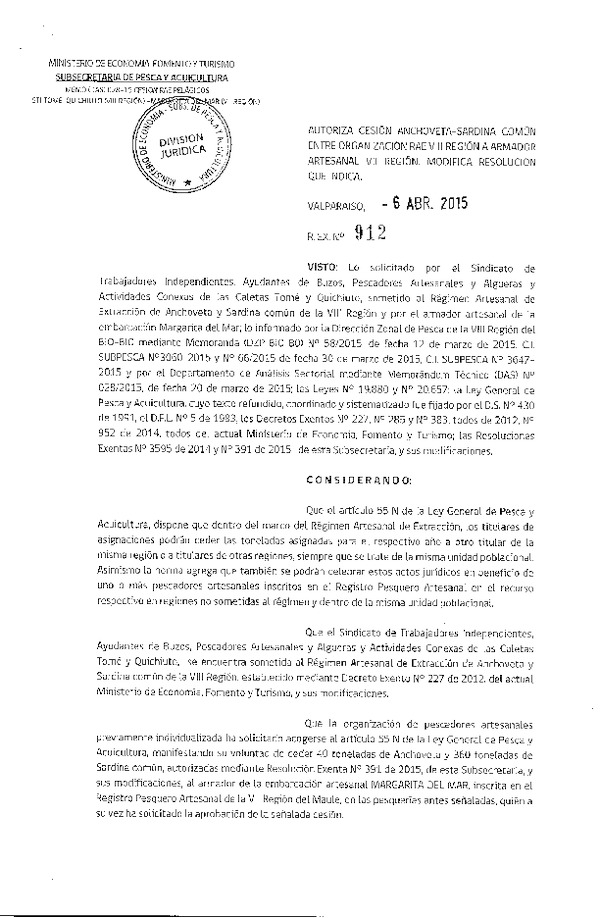 R EX N° 912-2015 Autoriza Cesión Anchoveta y Sardina común VIII a VII Región.