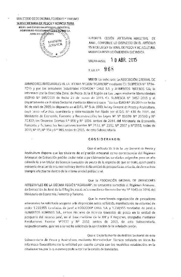 R EX N° 968-2015 Autoriza cesión Jurel XIV-X