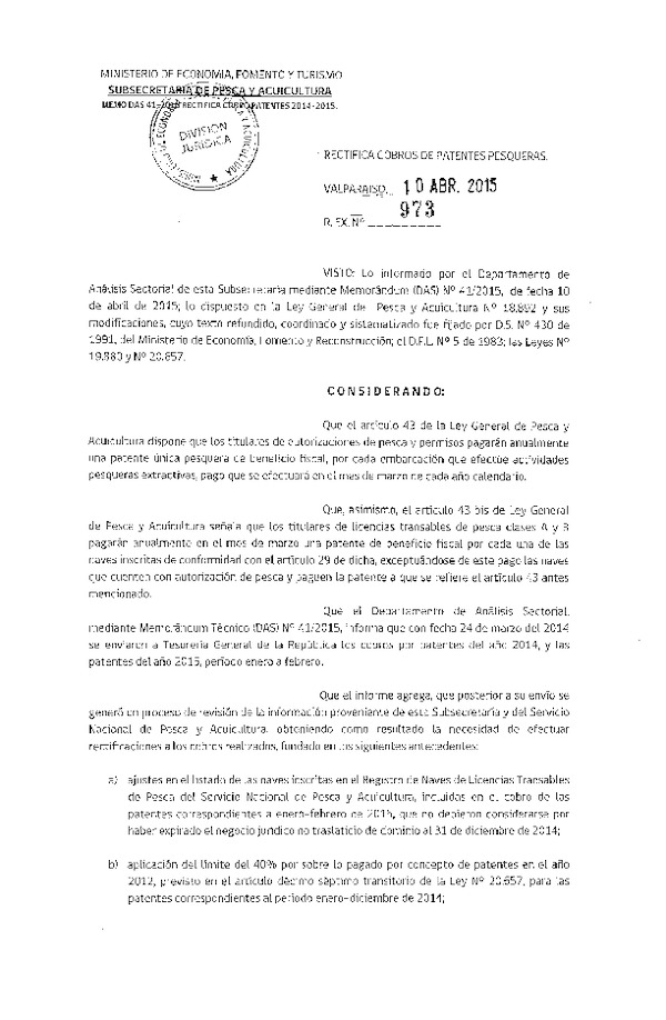 R EX N° 973-2015 Rectifica Cobros de Patentes Pesqueras.