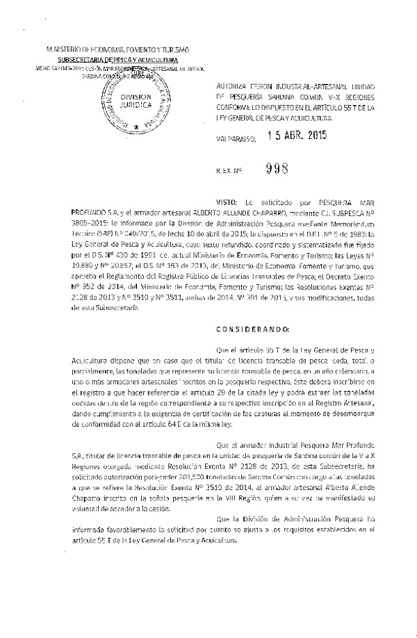 R EX N° 998-2015 Autoriza cesión Sardina común,a VIII Región.