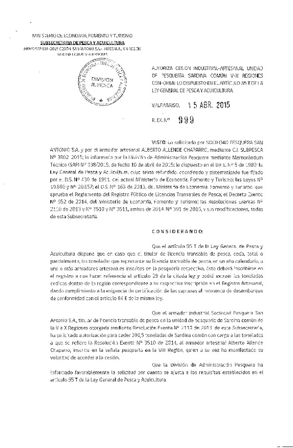 R EX N° 999-2015 Autoriza cesión Sardina común,a VIII Región.