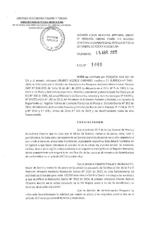 R EX N° 1000-2015 Autoriza cesión Sardina común, VIII Región.