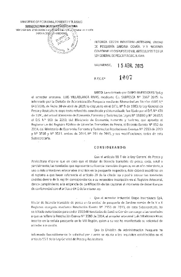 R EX N° 1007-2015 Autoriza cesión Sardina común, VIII Región.