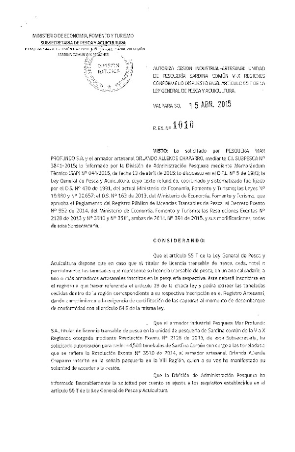R EX N° 1010-2015 Autoriza cesión Sardina común, VIII Región.