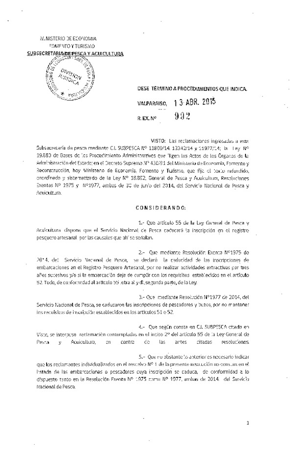 R EX N° 992-2015 Da Término a Procedimiento Administrativo de Reclamaciones.