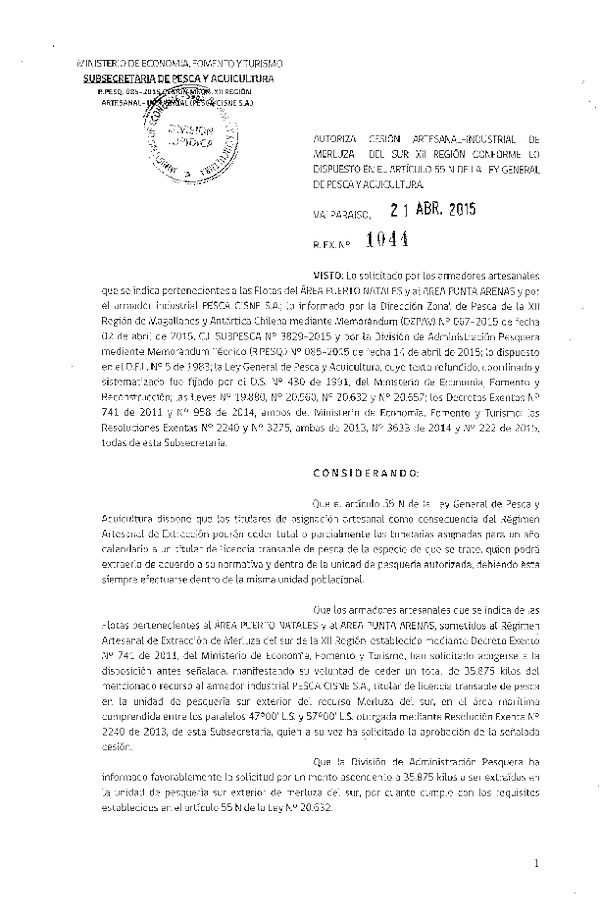 Res. Ex. N° 1044-2015 Autoriza cesión Merluza del sur XII Región.