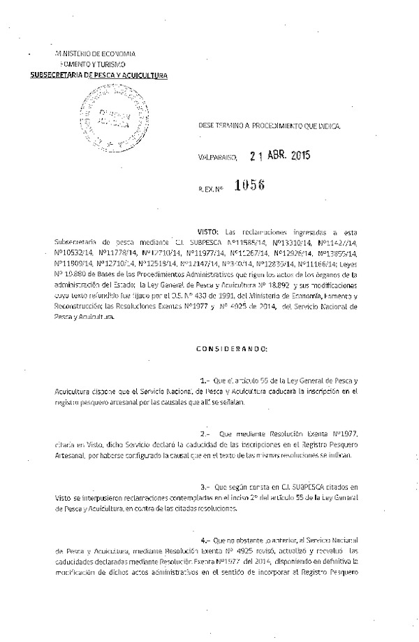 Res. Ex. N° 1056-2015 Da Término a Procedimiento Administrativo de Reclamaciones.