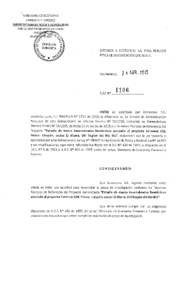 Res. Ex. N° 1106-2015 Estudio de macro invertebrados bentónicos asociado al proyecto Terminal GNL Penco-Lirquén, sector El Morro, VIII Región.