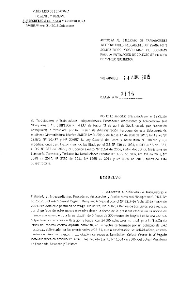 R EX N° 1116-2015 INSTALACION DE COLECTORES.