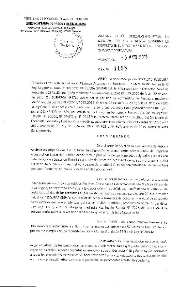 Res. Ex. N° 1198-2015 Autoriza cesión Merluza del sur XI Región.
